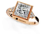 Cluster Engagement Ring Setting for Princess Cut Center with Milgrain Shoulder Clusters and Prong Head in Rose Gold