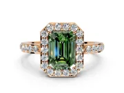 Halo Engagement Ring Setting for Fancy Green Emerald Cut Center with Heart-Shaped Openwork, Pave Band and Prong Head in Rose Gold