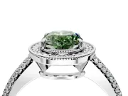 Milgrain Halo Engagement Ring Setting for Fancy Green Oval Center with Three-Sided Pave Band and Prong Head in Platinum