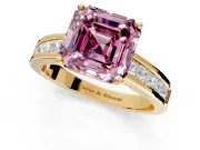 Solitaire Engagement Ring Setting for Fancy Pink Asscher Cut Center with Princess Cut Channel Band and Prong Head in Yellow Gold