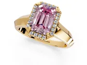 Halo Engagement Ring Setting for Fancy Pink Emerald Cut Center with Knife Ridge Cathedral Band and Prong Head in Yellow Gold