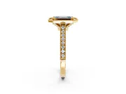 Halo Engagement Ring Setting for Fancy Blue Emerald Cut Center with Milgrain Pave Band and Bezel Head in Yellow Gold