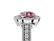 Milgrain Halo Engagement Ring Setting for Fancy Pink Round Cut Center with Pave Band and Prong Head in Platinum