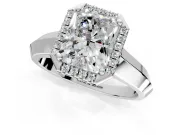 Halo Engagement Ring Setting for Radiant Cut Center with Knife Ridge Cathedral Band and Prong Head in Platinum