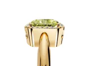 Halo Engagement Ring Setting for Fancy Yellow Radiant Cut Center with Tapered Plain Band and Prong Head in Yellow Gold