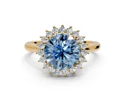 Starburst Halo Engagement Ring Setting for Fancy Blue Round Cut Center with Thin Round-Wire Band and Prong Head in Yellow Gold