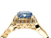 Halo Engagement Ring Setting for Fancy Blue Radiant Cut Center with Leaf Motif Split Shank and Prong Head in Yellow Gold