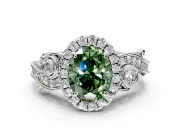 Milgrain Halo Engagement Ring Setting for Fancy Green Oval Center with Shoulder Bezels and Prong Head in Platinum