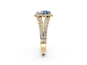 Halo Engagement Ring Setting for Fancy Blue Oval Center with Narrow Pave Split Shank and Prong Head in Yellow Gold