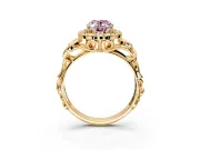 Halo Engagement Ring Setting for Fancy Pink Oval Center with Open Scroll Shoulders and Prong Head in Yellow Gold