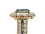 Large Accent Halo Engagement Ring Setting for Fancy Green Emerald Cut Center with Pave Split Shank and Prong Head in Yellow Gold