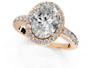 Halo Engagement Ring Setting for Oval Center with Heart-Shaped Openwork, Pave Band and Prong Head in Rose Gold