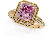 Milgrain Halo Engagement Ring Setting for Fancy Pink Radiant Cut Center with Three-Sided Pave Band and Prong Head in Yellow Gold