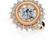 Halo Engagement Ring Setting for Round Cut Center with Milgrain Bezel Rim, Plain Band and Prong Head in Rose Gold