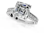 Solitaire Engagement Ring Setting for Asscher Cut Center with Milgrain-Framed Pave Band and Prong Head in Platinum