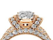 Pave Engagement Ring Setting for Cushion Cut Center with Curved Accent Rows, Openwork and Prong Head in Rose Gold