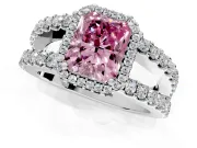 Halo Engagement Ring Setting for Fancy Pink Radiant Cut Center with Wide-Open Pave Split Shank and Prong Head in Platinum