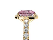 Halo Engagement Ring Setting for Fancy Pink Radiant Cut Center with Full Pave Band and Prong Head in Yellow Gold