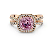 Halo Engagement Ring Setting for Fancy Pink Cushion Cut Center with Double Pave Split Shank and Prong Head in Rose Gold