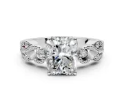 Leaf Engagement Ring Setting for Princess Cut Center with Milgrain Accent Band and Prong Head in Sterling Silver