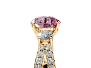 3 Stone Engagement Ring Setting for Fancy Pink Round Cut Center with Pave Split Shank and Prong Head in Yellow Gold