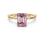 Solitaire Engagement Ring Setting for Fancy Pink Emerald Cut Center with Bamboo Band and Prong Head in Yellow Gold