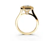 Halo Engagement Ring Setting for Radiant Cut Center with Milgrain Frame, Pave Band and Prong Head in Yellow Gold