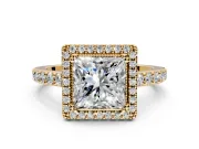 Halo Engagement Ring Setting for Princess Cut Center with Inner Milgrain Border and Prong Head in Yellow Gold