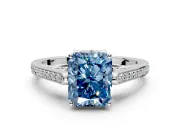 Cathedral Engagement Ring Setting for Fancy Blue Radiant Cut Center with Antique-Style Pave Band and Prong Head in Sterling Silver