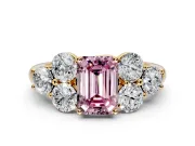 Cluster Engagement Ring Setting for Fancy Pink Emerald Cut Center with Round Cut Accent Frame and Prong Head in Yellow Gold