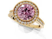 Halo Engagement Ring Setting for Fancy Pink Round Cut Center with Milgrain Pave Band and Bezel Head in Yellow Gold