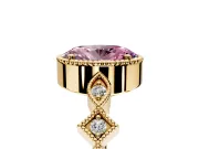 Milgrain Bezel Engagement Ring Setting for Fancy Pink Oval Center with Marquise Stations and Bezel Head in Yellow Gold