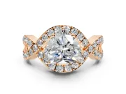 Halo Engagement Ring Setting for Heart-Shaped Center with Pave Infinity Twist Band and Prong Head in Rose Gold
