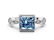 Vintage Station Engagement Ring Setting for Fancy Blue Princess Cut Center with Accents and Prong Head in Sterling Silver