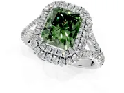 Double Halo Engagement Ring Setting for Fancy Green Radiant Cut Center with Narrow Pave Split Shank and Prong Head in White Gold