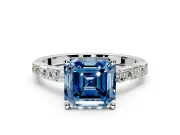 Baguette Engagement Ring Setting for Fancy Blue Asscher Cut Center with Alternating Bar-Set Band and Prong Head in Platinum