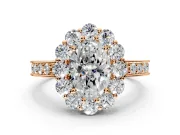Halo Engagement Ring Setting for Oval Center with Milgrain Channel Band and Prong Head in Rose Gold