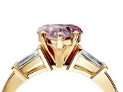 3 Stone Engagement Ring Setting for Fancy Pink Heart-Shaped Center with Channel Baguette Accents and Prong Head in Yellow Gold