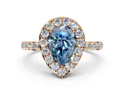 Halo Engagement Ring Setting for Fancy Blue Pear-Shaped Center with Heart-Shaped Openwork, Pave Band and Prong Head in Rose Gold
