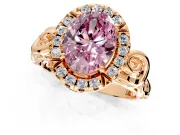 Halo Engagement Ring Setting for Fancy Pink Oval Center with Open Scroll Shoulders and Prong Head in Rose Gold