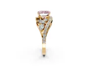 Halo Engagement Ring Setting for Fancy Pink Radiant Cut Center with Marquise and Pave Bypass Band and Prong Head in Yellow Gold