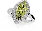 Halo Engagement Ring Setting for Fancy Yellow Marquise Center with Plain Tapered Band and Prong Head in White Gold