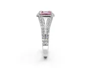 Halo Engagement Ring Setting for Fancy Pink Asscher Cut Center with Narrow Pave Split Shank and Prong Head in Platinum