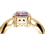 Halo Engagement Ring Setting for Fancy Pink Emerald Cut Center with Tapered Plain Band and Prong Head in Yellow Gold