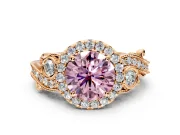 Milgrain Halo Engagement Ring Setting for Fancy Pink Round Cut Center with Shoulder Bezels and Prong Head in Rose Gold