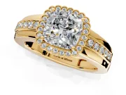 Halo Engagement Ring Setting for Cushion Cut Center with Wide Band, Inlaid Accent Row and Prong Head in Yellow Gold