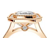 Halo Engagement Ring Setting for Asscher Cut Center with Milgrain Frame, Pave Band and Prong Head in Rose Gold