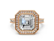 Halo Engagement Ring Setting for Asscher Cut Center with Milgrain Pave Band and Bezel Head in Rose Gold