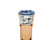 3 Stone Engagement Ring Setting for Fancy Blue Asscher Cut Center with Raised Basket Heads and Prong Head in Rose Gold