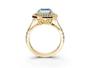 Double Halo Engagement Ring Setting for Fancy Blue Asscher Cut Center with Narrow Pave Split Shank and Prong Head in Yellow Gold
